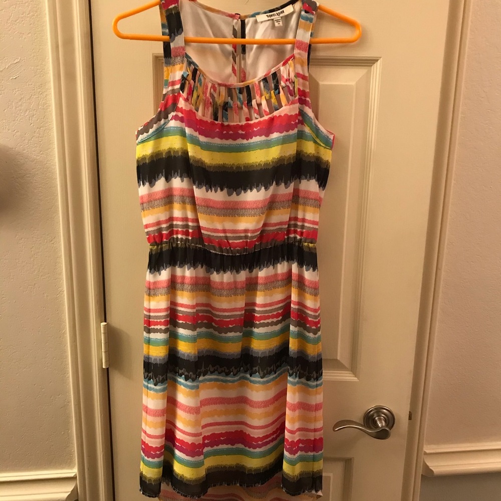 Asymmetric, multicolor dress.